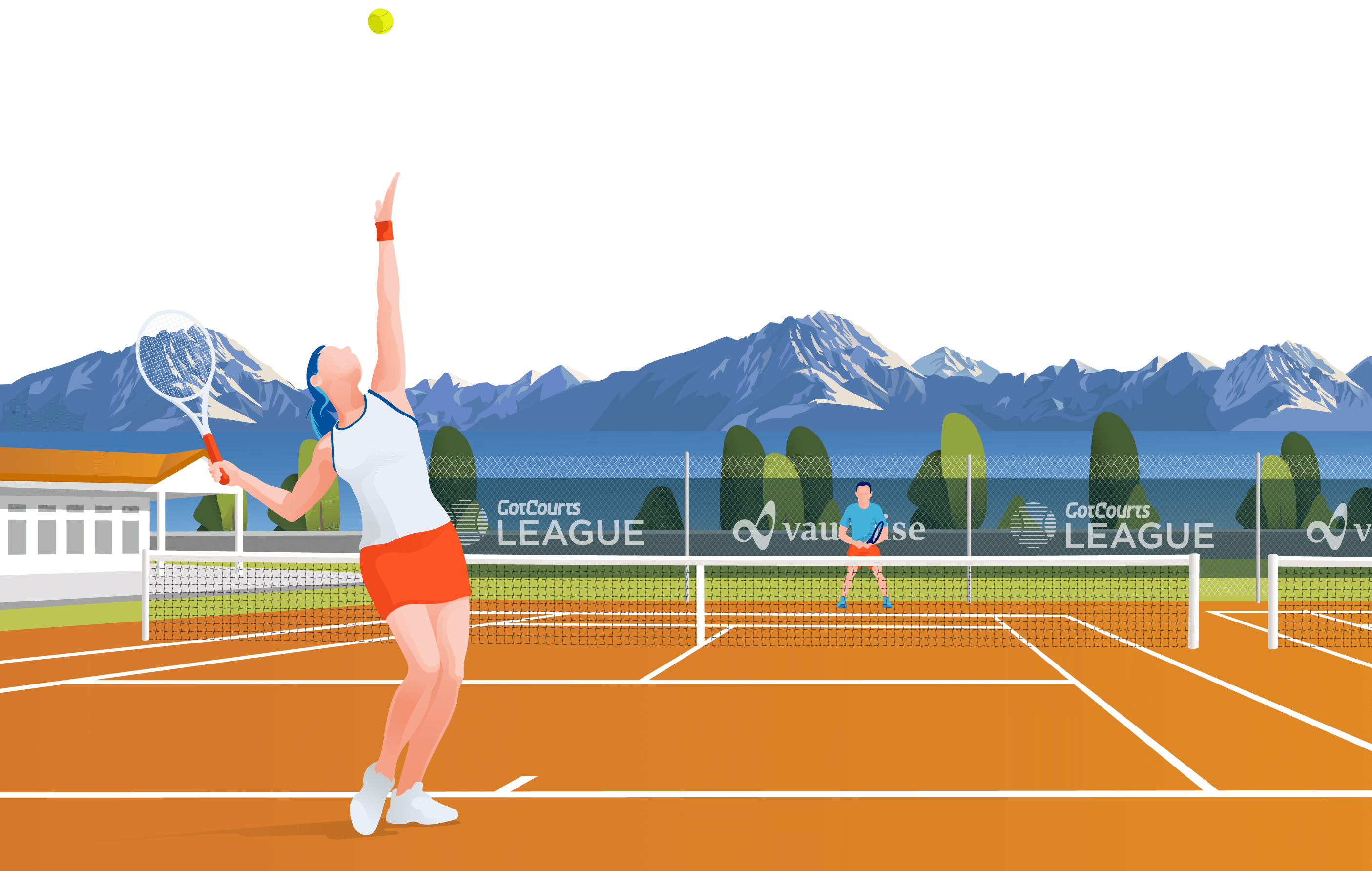 Illustration of tennis player serving with mountains background