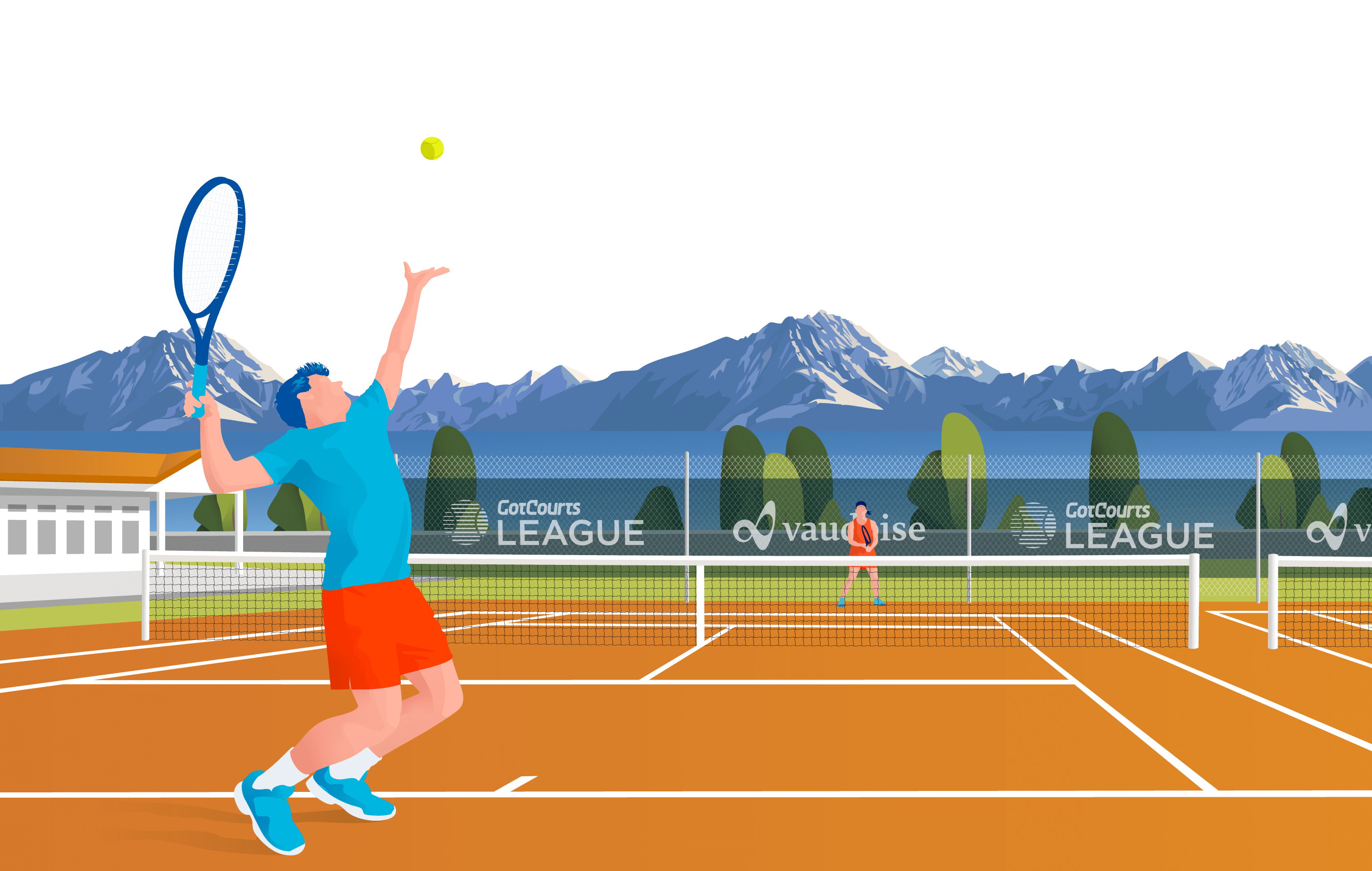 Illustration of tennis player serving with mountains background